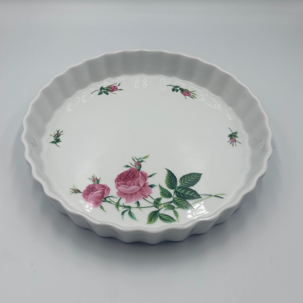 Christineholm Quiche Tart Pan Pink Rose Floral White Porcelain Fluted 9.5 Inch
